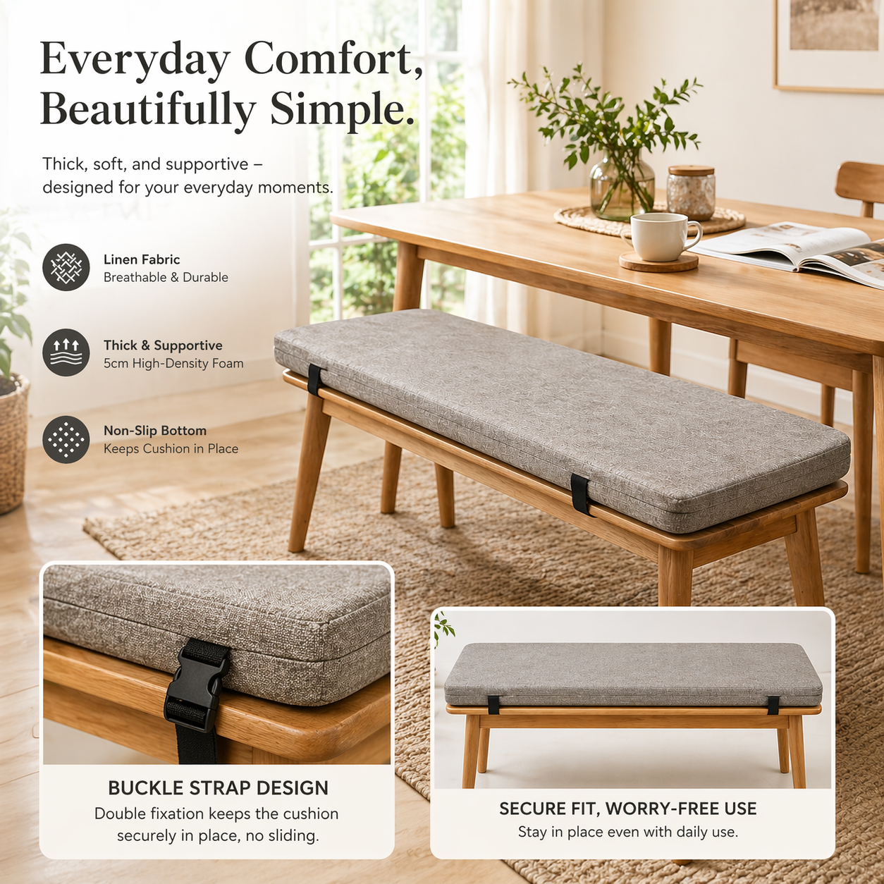 Bench Cushion (Non-Slip with Buckle Strap) – Cream